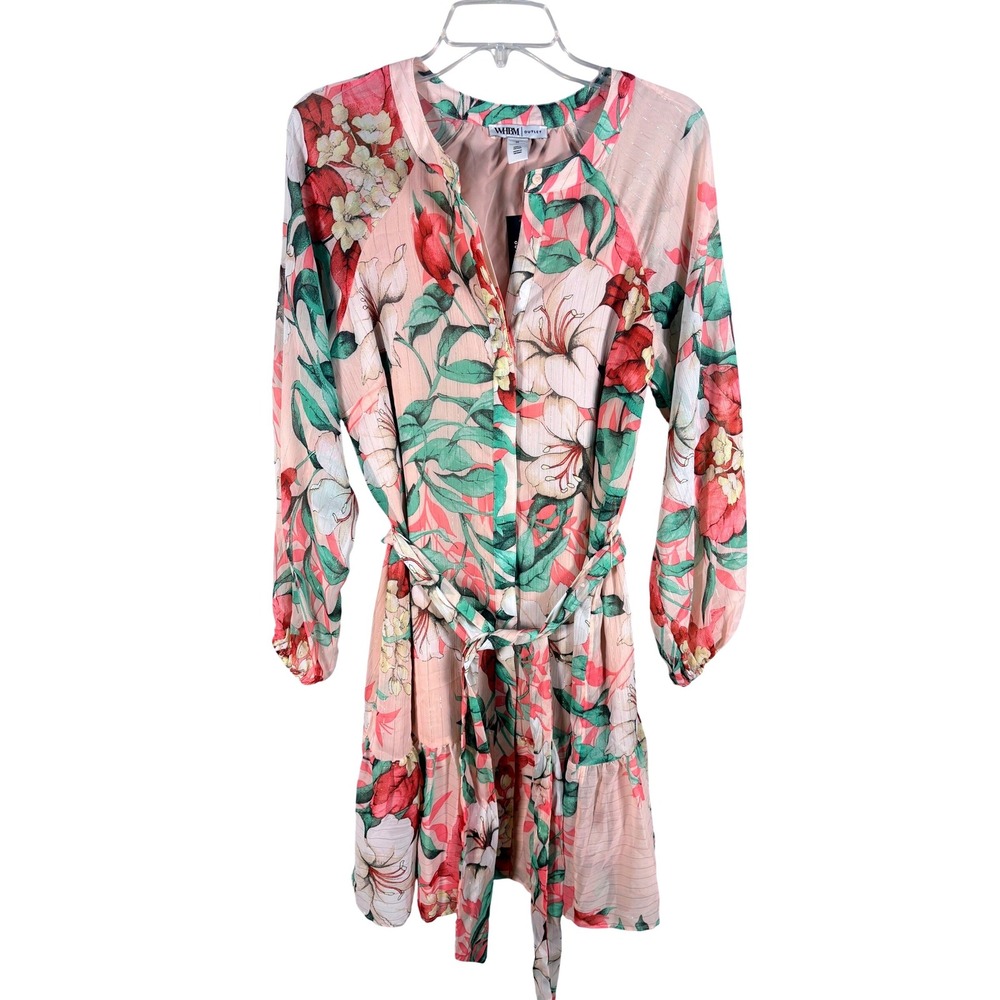 WHBM Floral Mini Dress Medium Pink New Metallic Stripe Long Sheer Sleeve Belted
